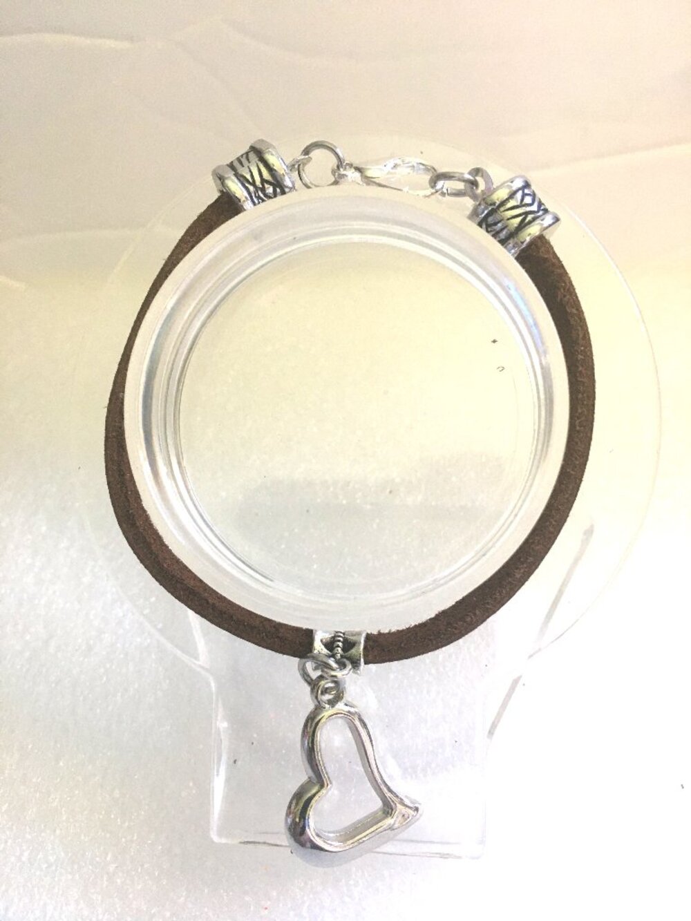 Handmade Genuine Brown Leather Bracelet w/ Silver Heart Chatm